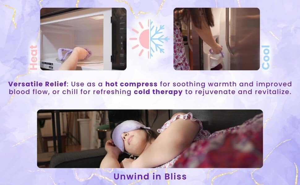 Hot and Cold Use Lavender Eye Mask Lavender eye mask showing hot and cold use with microwave and freezer