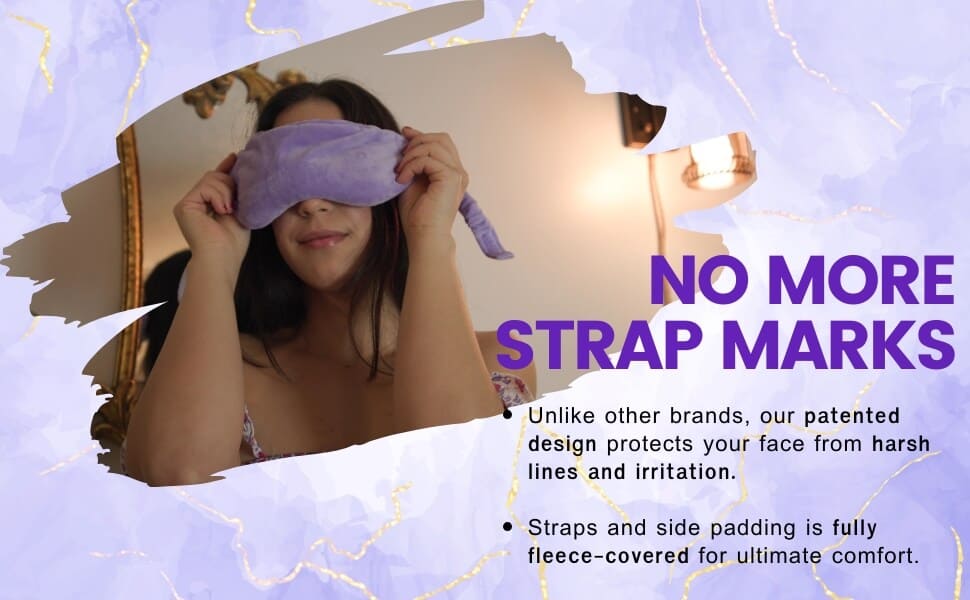 Comfort-Focused Eye Mask Design Lavender eye mask with fleece-covered straps for a comfortable fit