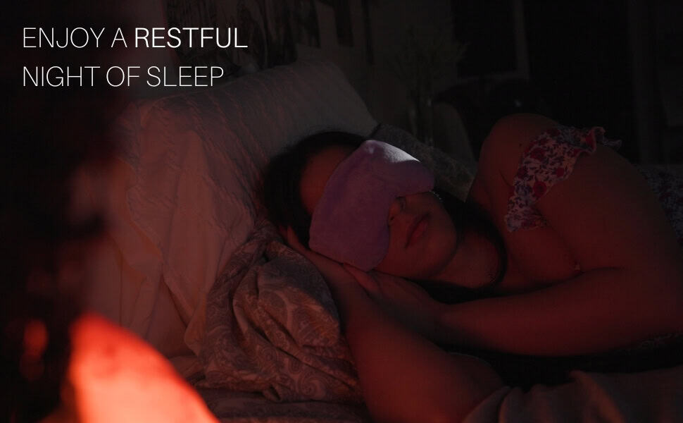 Lavender Eye Mask for Nighttime Relaxation Woman resting at night while wearing a weighted lavender eye mask