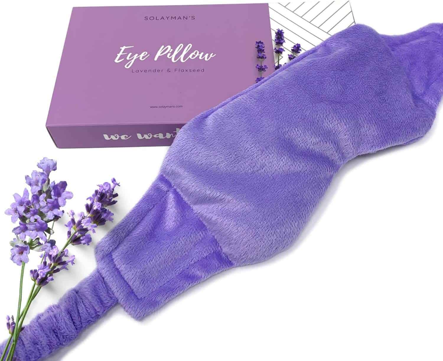 Eye Pillow - Lavender & Flaxseed. Soft purple eye pillow for relaxation, filled with lavender and flaxseed from Solayman's. Ideal for stress relief and sleep enhancement.