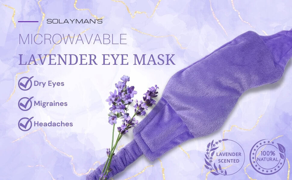 Microwavable Lavender Eye Mask by Solayman’s Solayman’s microwavable lavender eye mask with soft fleece and adjustable strap